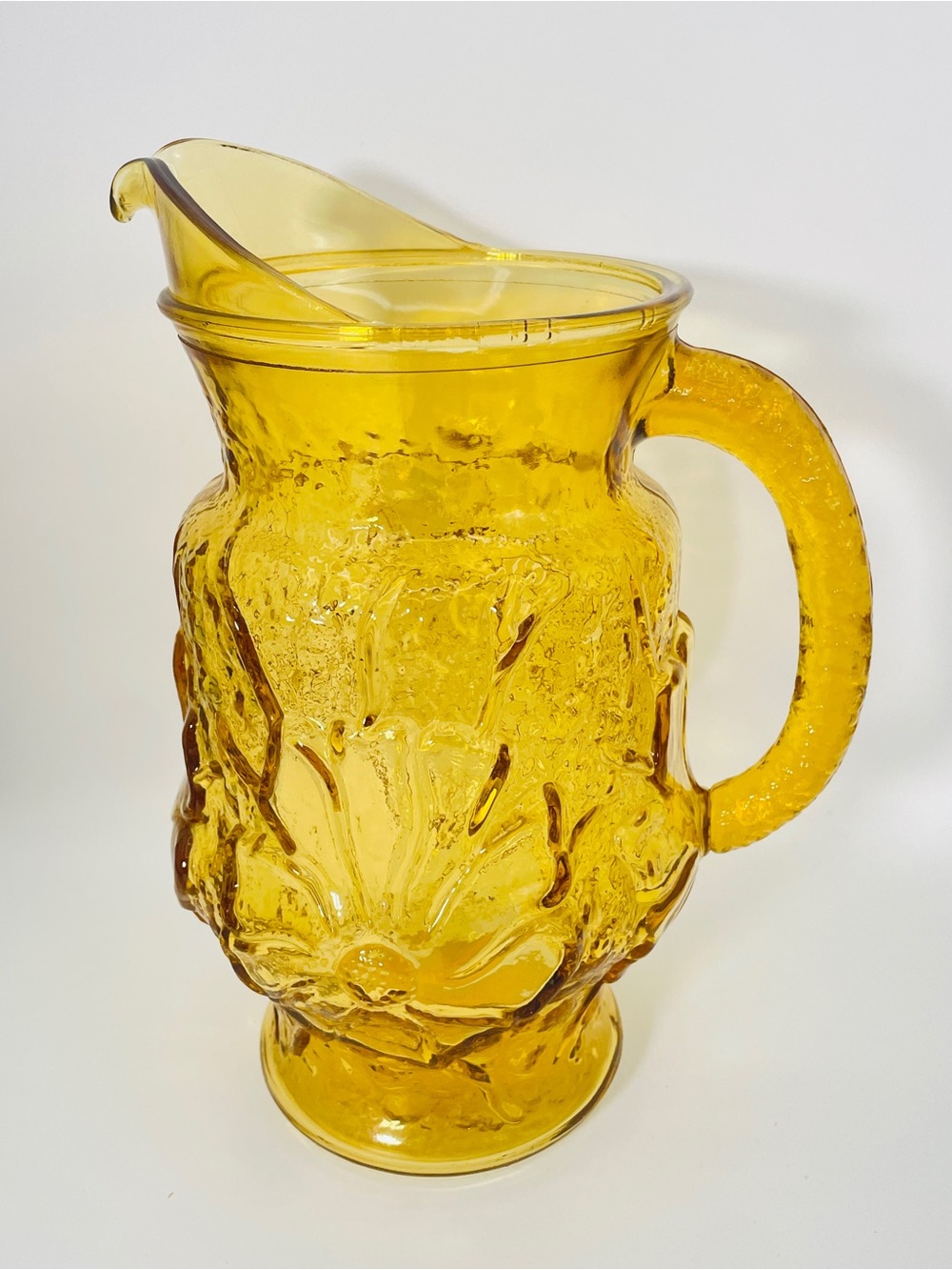 Vintage Amber Pressed Glass 64oz Pitcher Floral Pattern MCM Glass Jug. Unmarked